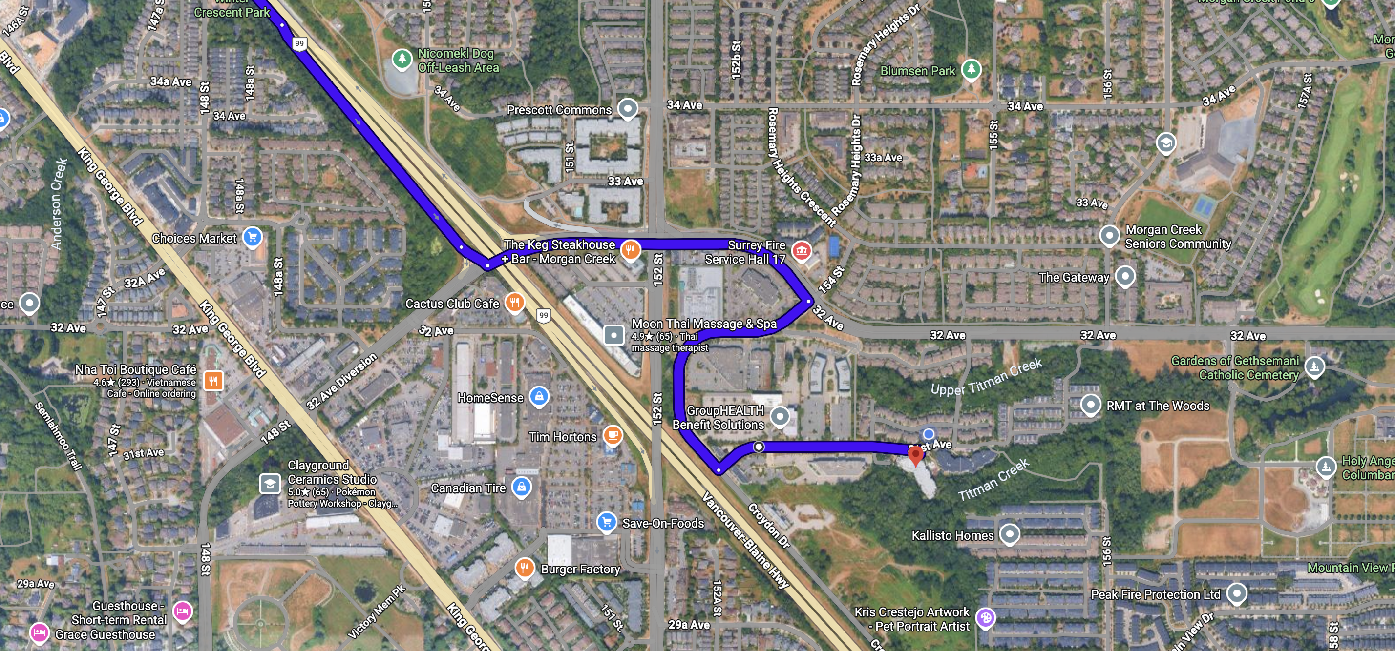Route overview to Pacific Print Co. from Highway 99 via 32 Avenue and 154 Street